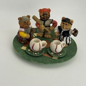 Vintage 1996 Young's Inc Baseball Teddy Bear Miniature Tea Set Figurine 8 Piece